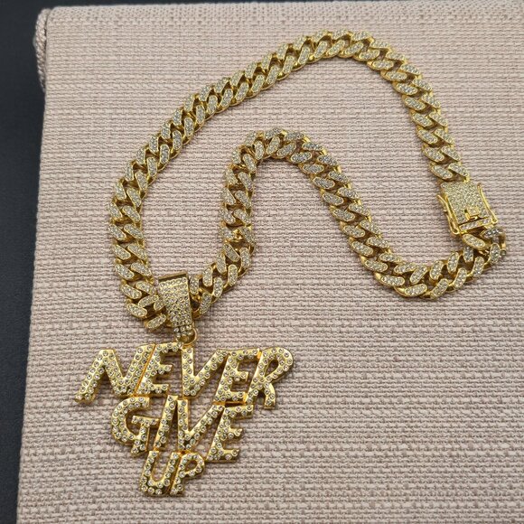 Jewelry - 20 Inch Gold Plated Never Give Up Pendant Bling Necklace B983